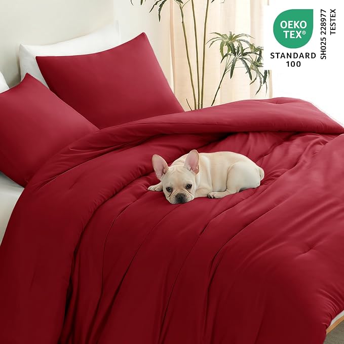 California King Comforter Set, 3 Pieces Dark Red Quilted Bedding | 270 GSM Down Alternative Fill, 4 Corner Ties for Duvet Insert Use, All Season, OEKO-TEX Certified, 2 Pillowcases, 104 x 96 in