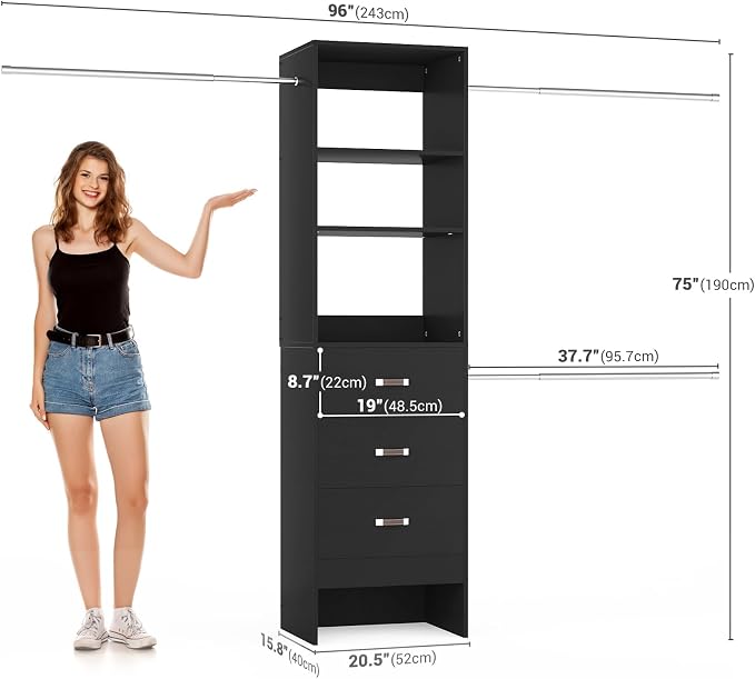 Besiost 96'' Closet Organizer System with 3 Hanging Rods, 8FT Closet Organizers and Storage with 3 Wooden Drawers, Built in Closet Organizer Systems, Adjustable Walk-in Wardrobe from 5-8FT, Black