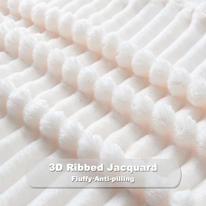NEWCOSPLAY Fleece Ribbed Cozy Twin Blanket for Couch, Ivory, 60"x80" | Premium Silky Flannel Blanket, Soft Lightweight Fluffy Throw Blanket for Bed Sofa Decor, Gift for All Season Use