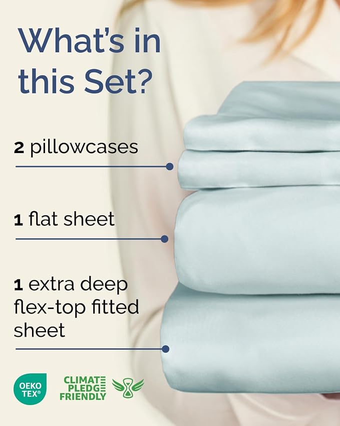 Flex Top Split Head King Sheet Set - 4 Piece Extra Deep Sheets - Ice Blue | Easily Fits 18 to 24 inch Mattress, Ultra Soft, Wrinkle & Fade Free with Extra Deep Pockets, Comfy Hotel Luxury Bedding
