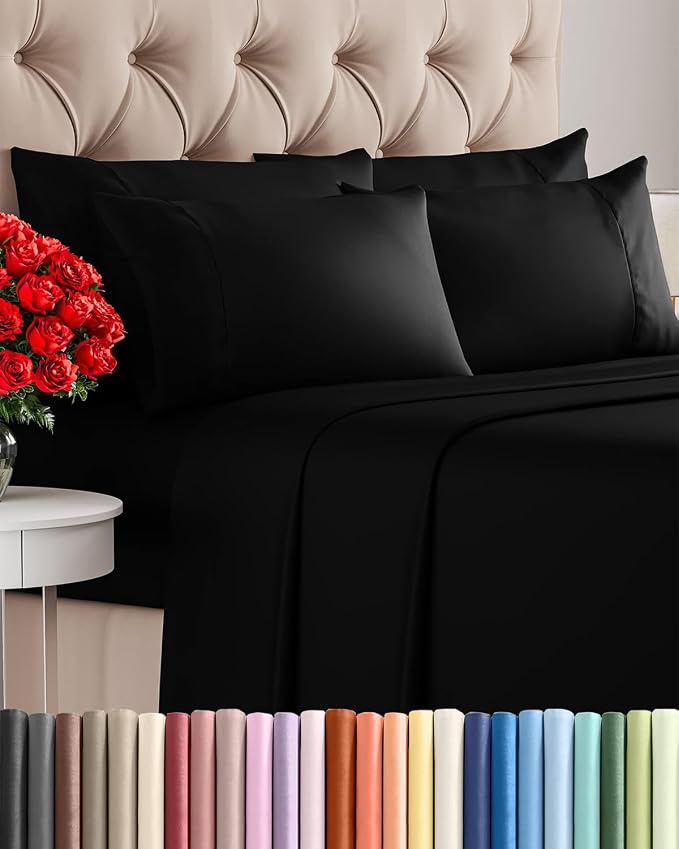 Queen 6 Piece Bed Sheet Set - Comfy, Breathable & Cooling Sheets - Black | Ultra-Soft Hotel Luxury Bedding Set w/ 8-16 Inch Deep Pockets, 1 Flat & 1 Fitted Sheet & 4 Pillowcases, Wrinkle & Fade Free