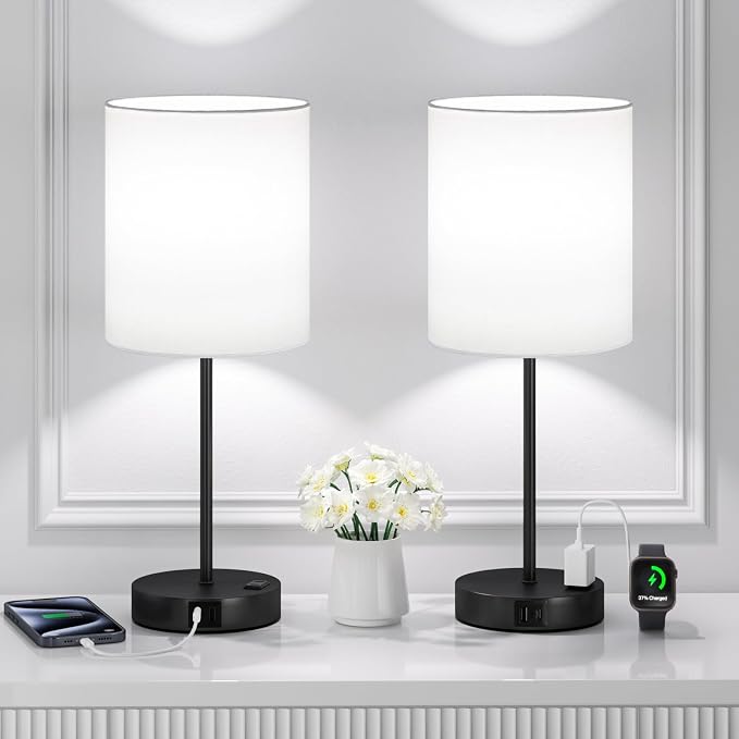 White Black Touch Lamps for Bedroom Set of 2, Dimmable, USB C+A, AC Outlet | Large 17.6" Tall Lamp, 3-Way Dimming, 5000K Daylight Bulbs, White Lampshade Black Base, for Living Room, Boys, Men, Girls