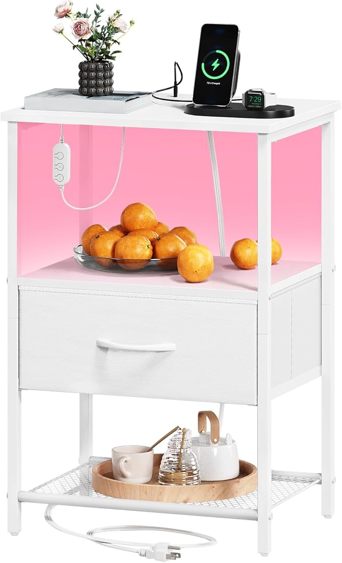 Somdot Nightstand with Charging Station & LED Light, Bedroom Bedside Table | Dorm, Guest Room, Kids Room, Laundry, Closet, Entryway and Hallway, White