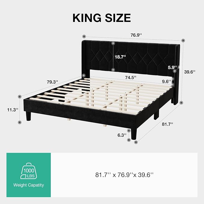 Novilla King Size Bed Frame, King Bed Frame and Headboard, Velvet Upholstered Pull-Point Wingback Headboard, No Box Spring Needed, Heavy Duty Feet, Easy Assembly, Black Velvet