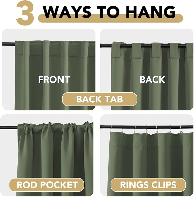 H.VERSAILTEX Back Tab Dark Green Curtains 90 Inch Long for Living Room, Rod Pocket Room Darkening Thermal Insulated Blackout Curtains, 52 x 90 Inch, Bronze Green, 2 Panels