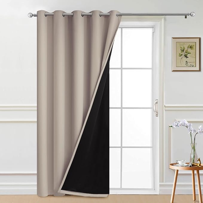 Yakamok Natural 100% Blackout Patio Door Curtain Panels W70 x L84,1 Panel | Noise Reducing Barrier Panel for Sliding Glass Door, 2 Thick Layers Heat Full Light Blocking Patio Door Drapery