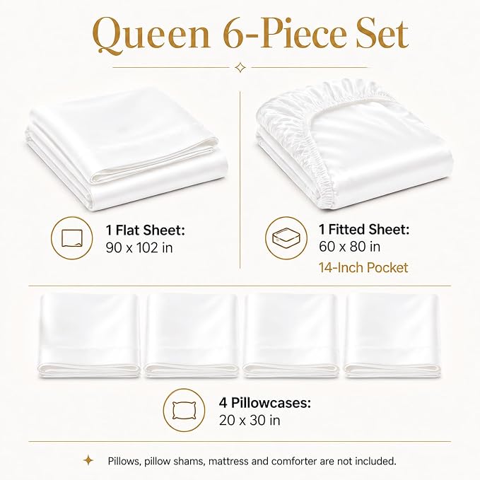 CozyLux Satin Sheets Queen, 6-Piece 14-Inch Deep Pocket Sheet Set | OEKO-TEX Certified Silky Soft Sheet Set for Hair & Skin, Luxurious Silky-Smooth Satin for Elegant Bedroom Decor, White