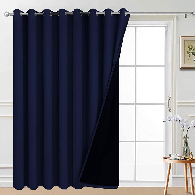 Yakamok Navy Blue Blackout Patio Door Curtain Panels W100 x L96, 1 Panel | Noise Reducing Barrier Panel for Sliding Glass Door, 2 Thick Layers Heat Full Light Blocking Patio Door Drapery