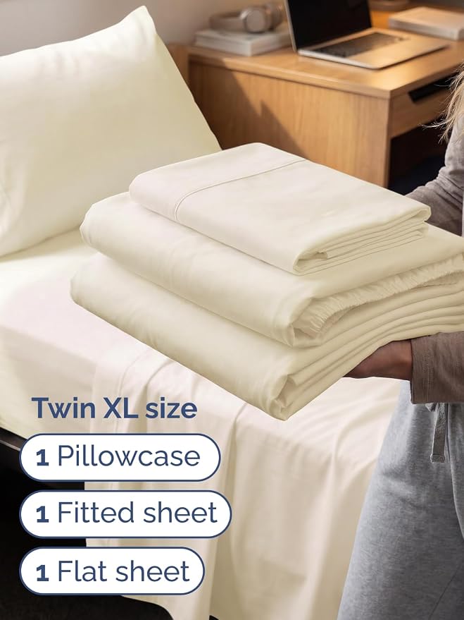 Extra Deep Twin XL Sheet Set - 3 Piece College Dorm Room - Off White | Soft, Breathable & Cooling, Easily Fits 18 to 24 inch Mattress, Wrinkle Free & Fade Resistant with Extra Deep Pockets