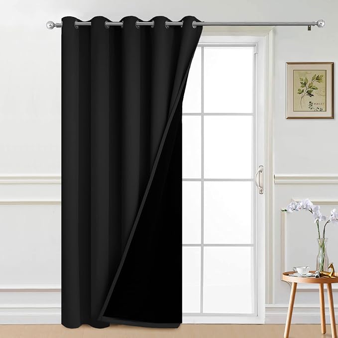 Yakamok Black 100% Blackout Patio Door Curtain Panels W70 x L84,1 Panel | Noise Reducing Barrier Panel for Sliding Glass Door, 2 Thick Layers Heat Full Light Blocking Patio Door Drapery