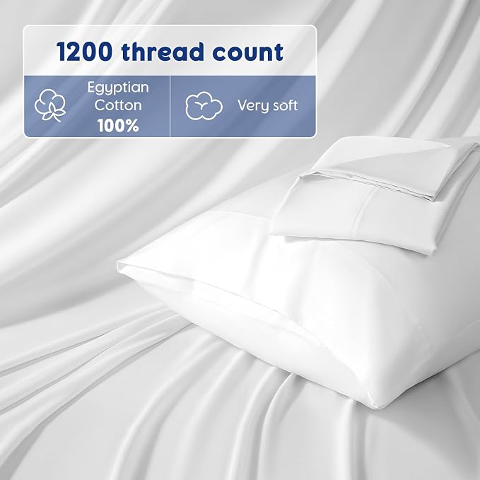 SONORO KATE 100% Egyptian Cotton Sheets,1200 Series,Full Size | Soft Breathable & Cooling LuxuryHotel Cotton,Sateen Weave for Soft Feel,Fits Upto 16" Mattress,4PC,White