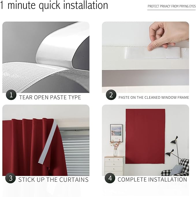 Instant Blackout Window Curtain with Reusable Adhesive, Thermal Insulated Fabric for RV Camper Small Windows, 71" W x 72" L, Burgundy, 1 Panel