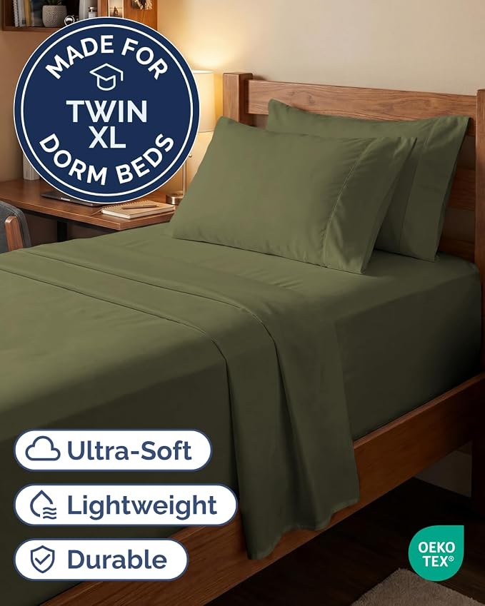 Extra Deep Twin XL Sheet Set - 4 Piece College Dorm Room - Sage Green | College Dorm Room Essentials, Easy & Secure Fit, Ultra-Soft, Wrinkle & Fade Free, Comfy Sheets Set with Extra Deep Pockets