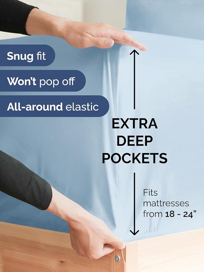 Extra Deep Queen Sheet Set - 4 Piece Breathable & Cooling Sheets - Sky Blue | Easily Fits 18 to 24 inch Mattress - Ultra Soft, Wrinkle & Fade Free with Extra Deep Pockets - Comfy Hotel Luxury Bedding