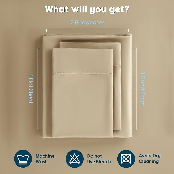SONORO KATE 1000 Series 100% Egyptian Cotton King Sheet Set,4 Pieces | Soft,Breathable Long Staple,Sateen Weave,Luxury 5-Star Hotel Bed Sheets,16" Deep Pocket,Beige