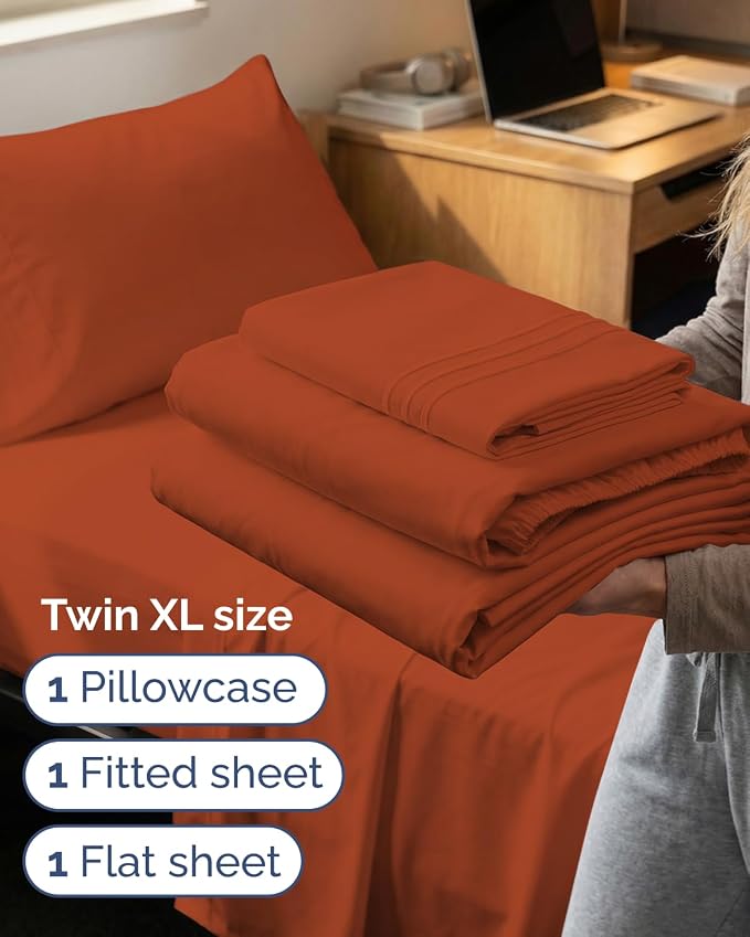 Twin XL 3 Piece Sheet Set - College Dorm Room Essentials - Terracotta | Deep Pocket Bed Sheets for Women, Men, Teens & Students, Soft, Cooling, Breathable & Wrinkle Free, Oeko-Tex Bed Sheet Set