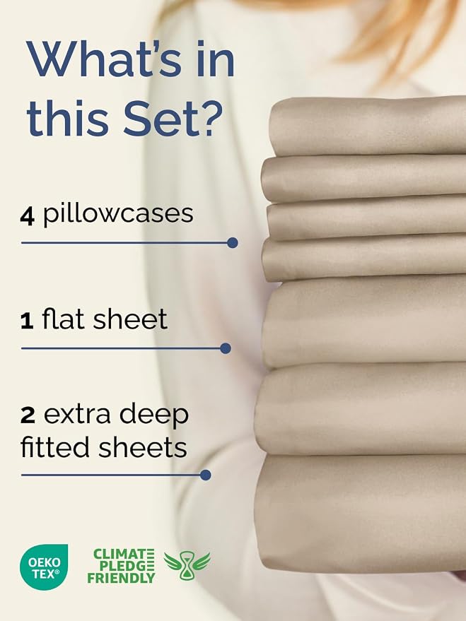 Extra Deep Split King Sheet Set - 7 Piece Breathable Cooling Sheets - Cream | Hotel Luxury Bed Sheets Set, Easy & Secure Fit, Ultra-Soft, Wrinkle & Fade Free, Comfy Sheets Set with Extra Deep Pockets