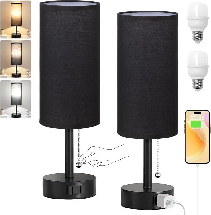 Black Bedside Table Lamps Set of 2 - Bedroom Lamp for Desk, AC Outlet | 3CCT(3000K/4000K/5000K), LED Bulbs Included, Black Fabric Lampshade, 14in Small Lamp for Nightstand, Guest Room, Living Room