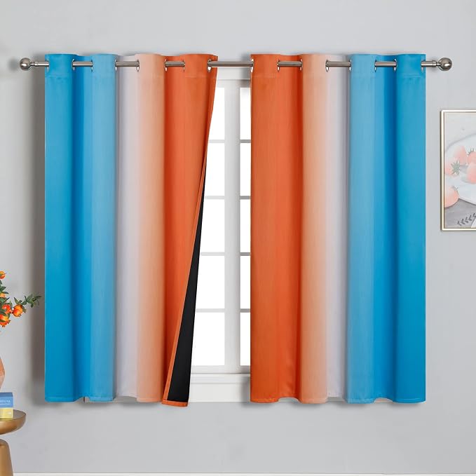 Ombre Orange and Blue Blackout Curtains 52Wx45L Inch Long | Gradient Curtains for Living Room,Thermal Insulated, Full Light Blocking,Grommet Window Drapes for Boys Bedroom, 2 Panels Set