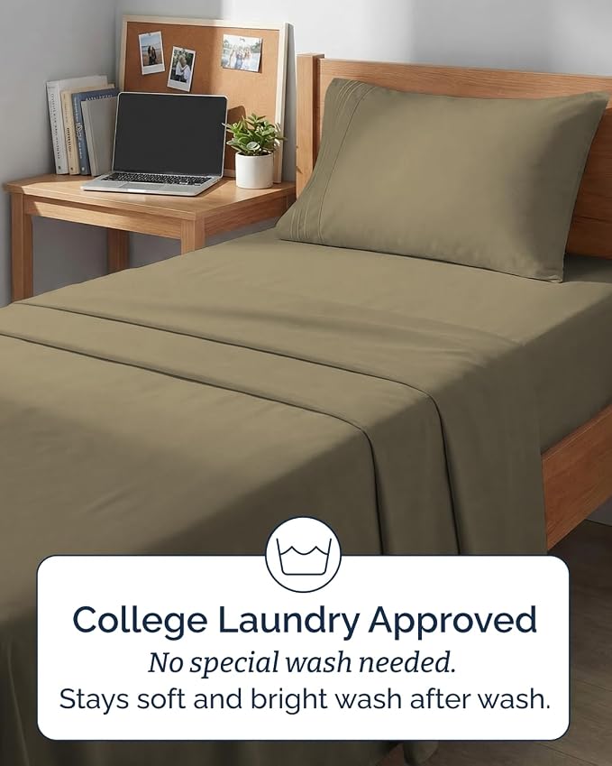 Twin XL 3 Piece Sheet Set - College Dorm Room Essentials - Khaki | Deep Pocket Bed Sheets for Women, Men, Teens & Students, Soft, Cooling, Breathable & Wrinkle Free, Oeko-Tex Bed Sheet Set