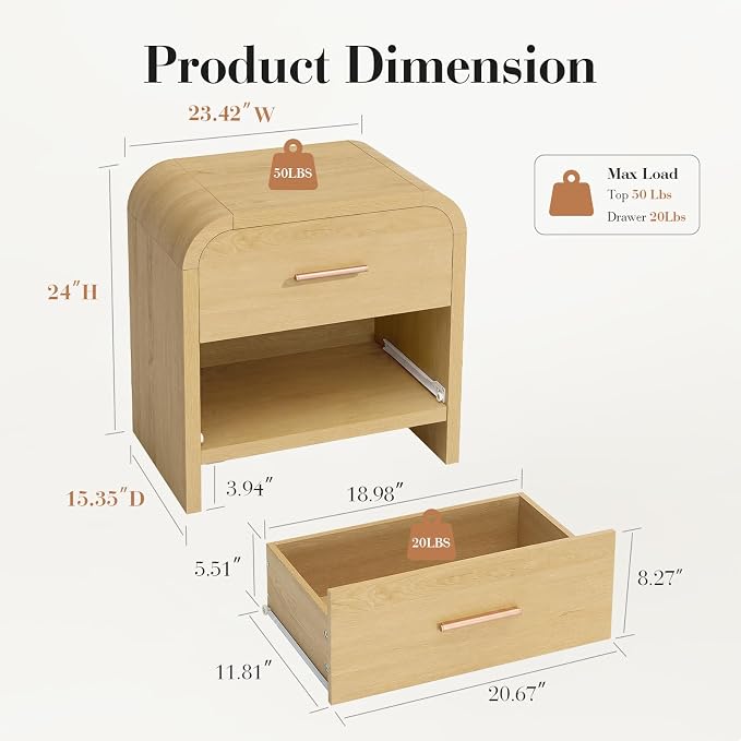 Night Stand [Unique Curved Profile] [FSC-Certified Wooden Board] 2-Drawer Nightstand 24" H Metal Handle Modern Sturdy Bedside Table Side Table End Table | [Curved Profile] [FSC-Certified Wooden Board] Nightstand 24" H Metal Handle Modern Bedside Table ...