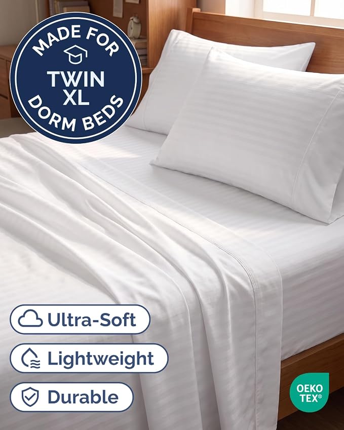 Twin 4 Piece Bed Sheet Set - Breathable & Cooling Sheets - Striped White | Ultra Soft Hotel Luxury Bedding Set with 8-16 Inch Deep Pockets, 1 Flat & 1 Fitted Sheet & 2 Pillowcases, Wrinkle & Fade Free