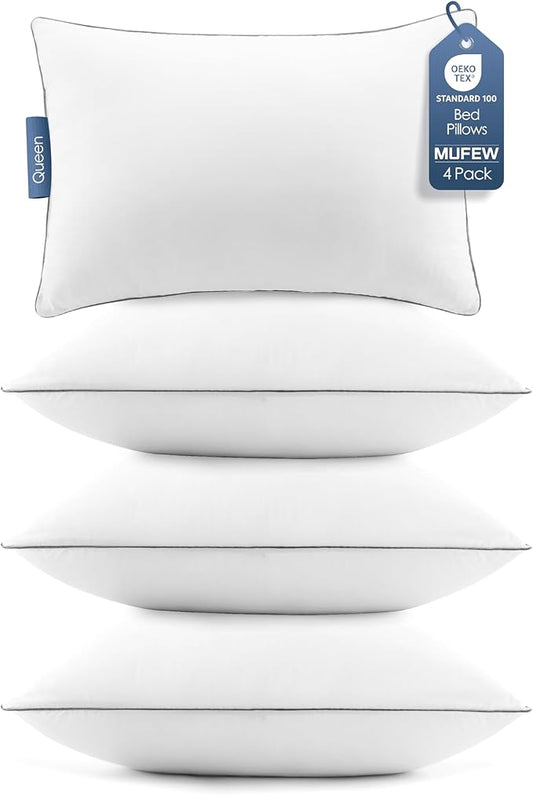 Queen Pillows Set of 4, Ultra Thick Down Alternative Bed Pillows,Cooling Hotel Quality Queen Pillows for Back, Stomach or Side Sleepers,Machine Washable (White,4 Pack)
