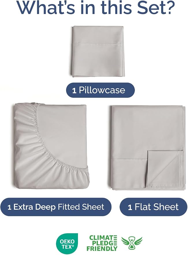 Extra Deep Twin Sheet Set - 3 Piece Breathable Cooling Sheets - Light Grey | Easily Fits 18 to 24 inch Mattress - Ultra Soft, Wrinkle & Fade Free with Extra Deep Pockets - Comfy Hotel Luxury Bedding