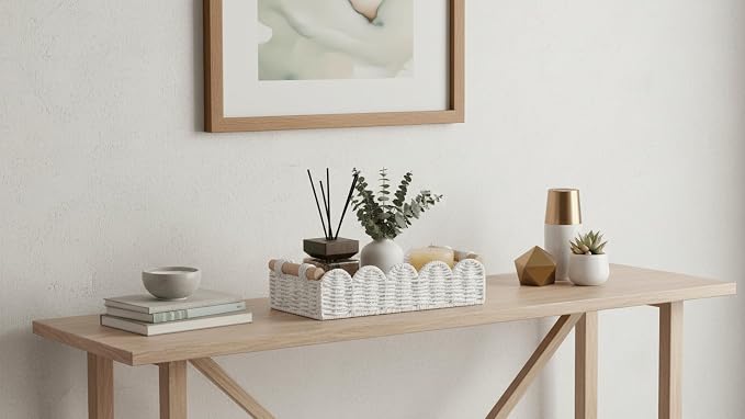 CubesLand Toilet Paper Storage Basket Organizer, Small Wicker Decor Basket | Toilet Tank Top Decorative Basket for Countertop, Handwoven Scalloped Basket W/Handle for Home Decor Living Room, White