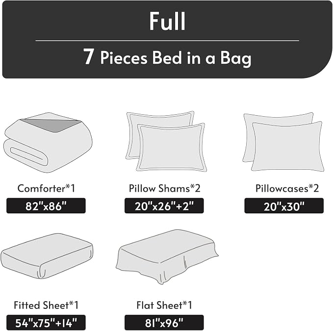7 Pieces Full Comforter Set, Reversible Bed in a Bag Full Size, All Season Bedding Set with Comforter, Flat Sheet, Fitted Sheet, Pillowcases & Shams, Khaki & Linen