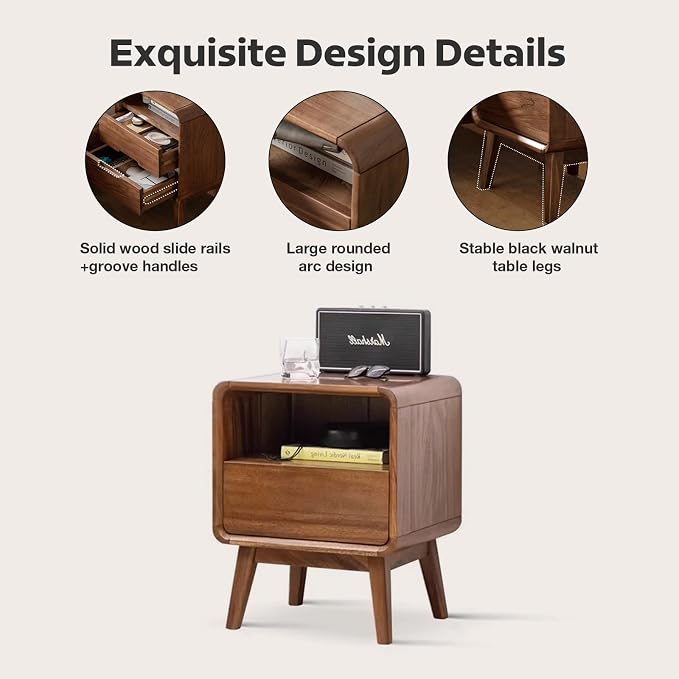 Solid Wood Nightstand Set of 2, Bedside Table Set of 2, Walnut Nightstands with Drawer, Wood Side Table with Open Storage, Modern Nightstand for Bedroom, End Table for Living Room