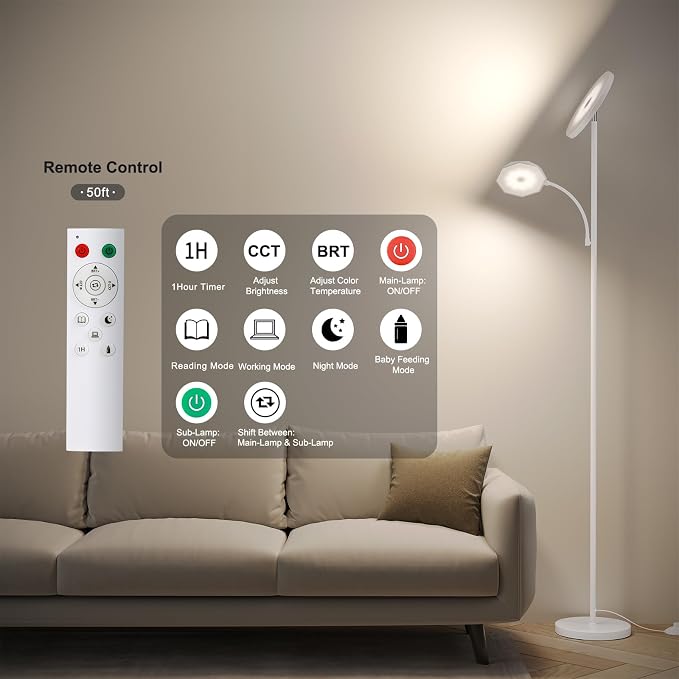 SUNMORY Floor Lamps for Living Room，LED Standing Lamp with Remote Control | 48W/4200LM Super Bright, 69" Tall Floor Lamp with Stepless Dimmable, Modern Torchiere Reading Lamp for Bedroom, Office