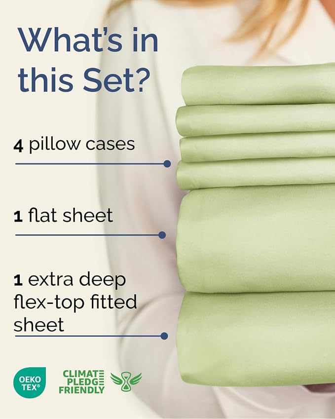 Extra Deep Flex Top Split Head King Sheet Set - 6 Piece Breathable and Cooling Sheets - Hotel Luxury Bedding for Women, Men, Kids & Teens - Easy Secure Fit - Extra Deep Pockets - Light Sage Green