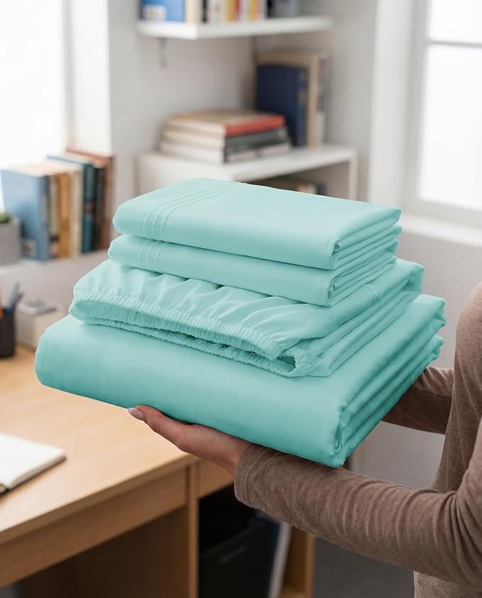 Full XL Sheets - 4 Piece Full XL Sheet Set - Cool & Breathable - Spa Blue | Hotel Luxury Bedding for Women & Men with Deep Pockets, Ultra-Soft, Comfy, Easy-Fit, Wrinkle Free & Fade Resistant, Oeko-Tex