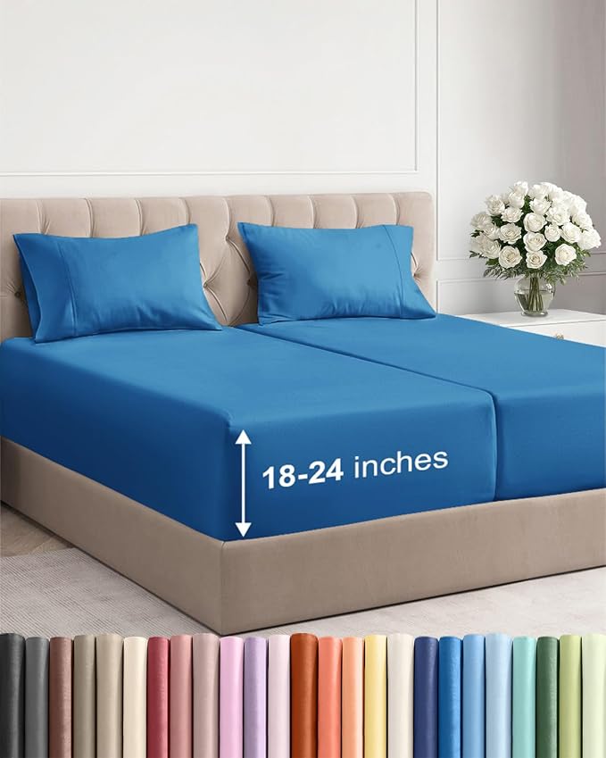 Extra Deep Split King Sheet Set - 5 Piece Breathable Cooling - Denim Blue | Easily Fits 18 to 24 inch Mattress - Ultra Soft, Wrinkle & Fade Free with Extra Deep Pockets - Comfy Hotel Luxury Bedding