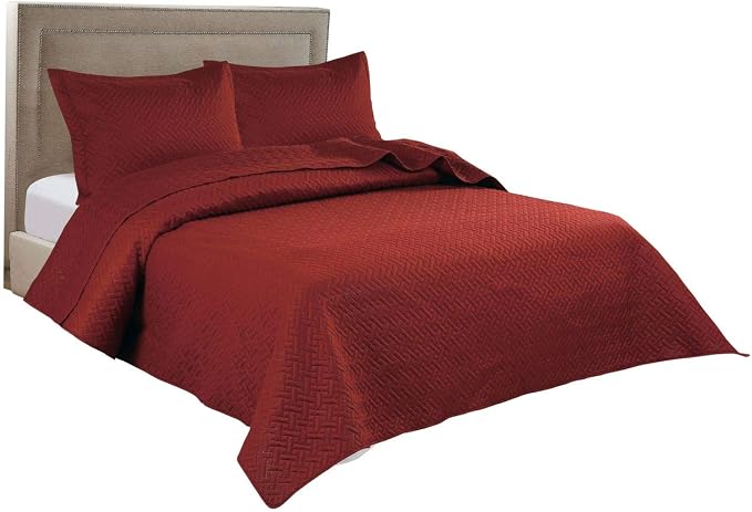 Legacy Decor 3 PCS Pinsonic Reversible Bedspread Quilt, King Brick | Squared Stitched Coverlet, All Season, Oversized, Brick Color, 3 PCS Set, Bedspread Quilt Coverlet