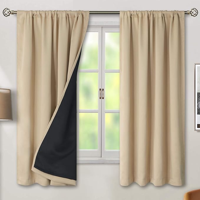 BGment Thermal Insulated 100% Blackout Curtains for Bedroom with Black Liner, Double Layer Full Room Darkening Noise Reducing Rod Pocket Curtain (52 x 63 Inch, Beige, 2 Panels) | Thermal Insulated, Room Darkening Curtains, Rod Pocket Soundproof, Living...