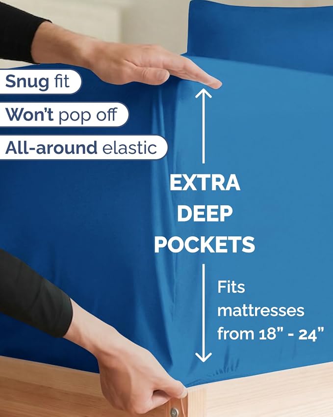 Extra Deep Twin XL Sheet Set - 3 Piece College Dorm Room - Royal Blue | Soft, Breathable & Cooling, Easily Fits 18 to 24 inch Mattress, Wrinkle Free & Fade Resistant with Extra Deep Pockets