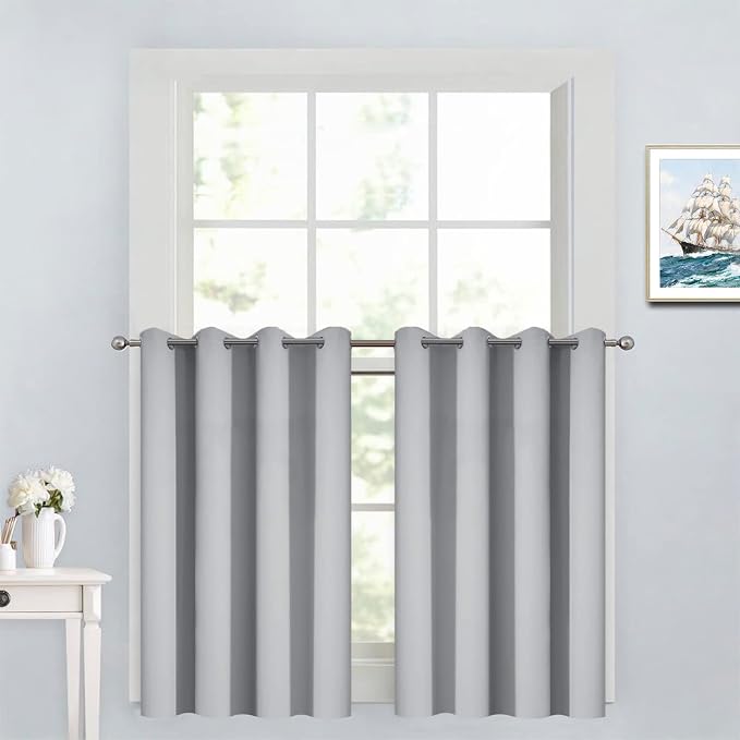 Yakamok Light Grey Room Darkening Window Curtains 52x36 Inch for Kitchen | Grommet,Thermal Insulated ,Blackout Curtains Drapes,Blocks some light adds privacy,Living room Bathroom,2 Panel Valance