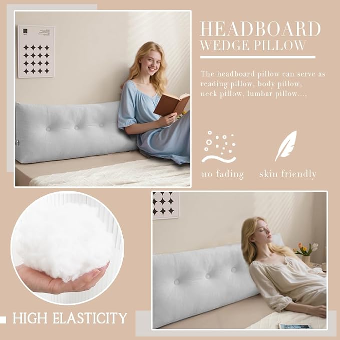 Wedge Headboard Pillow Twin XL, College Dorm Essentials Bed Reading | 39.4*15.7*5 in, back & lumbar support, sleeping pillow, mattress gap filler,plush velvet cover, pp cotton inner, side pockets