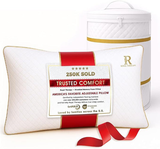 Royal Therapy Queen Memory Foam Pillow, Adjustable Shredded Odor-Free Pillow for Neck & Shoulder Pain Relief, Support for Back, Stomach, Side Sleepers, CertiPUR-US