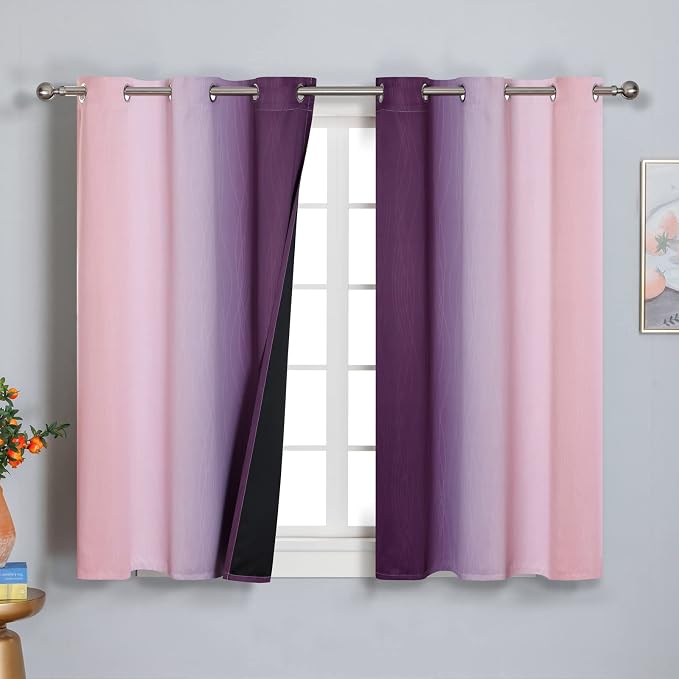 Pink and Purple Ombre Blackout Curtains for Girls Bedroom 45 Inches Long | Estelar Textiler Kids Living Room Curtains,Light Blocking,Thermal Insulated Noise Reducing Grommet Drapes,42Wx45L,2 Panels