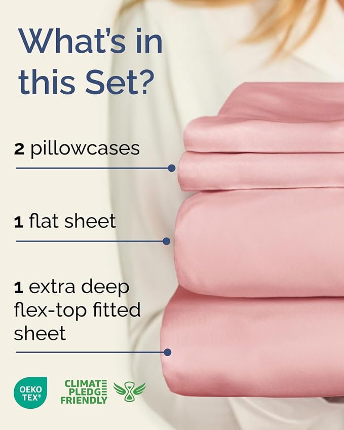 Flex Top Split Head King Sheet Set - 4 Piece Extra Deep Sheets - Baby Pink | Easily Fits 18 to 24 inch Mattress, Ultra Soft, Wrinkle & Fade Free with Extra Deep Pockets, Comfy Hotel Luxury Bedding
