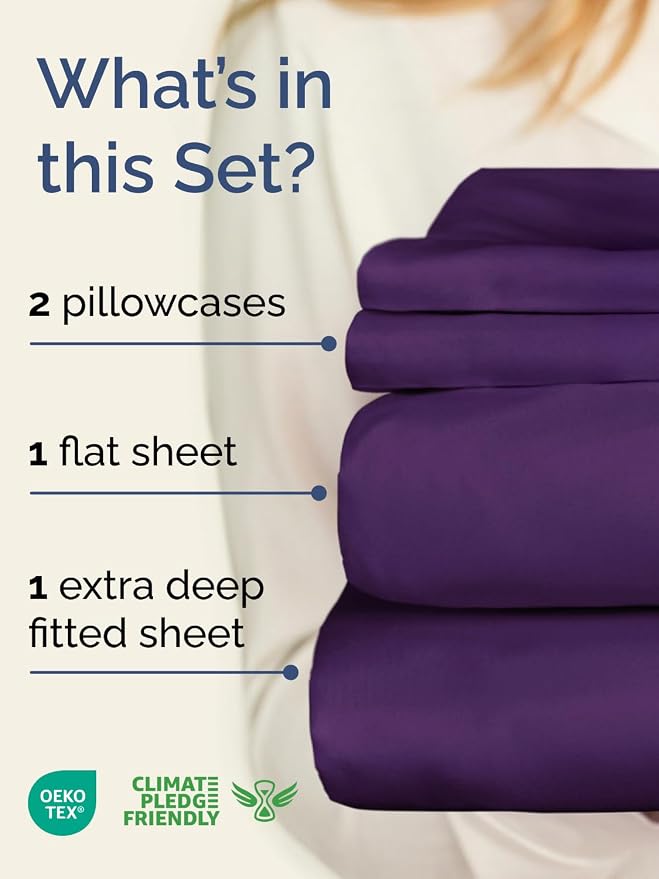 Extra Deep Twin Sheet Set - 4 Piece Breathable and Cooling Sheets - Purple | Hotel Luxury Bed Sheets Set, Easy & Secure Fit, Ultra-Soft, Wrinkle & Fade Free, Comfy Sheets Set with Extra Deep Pockets
