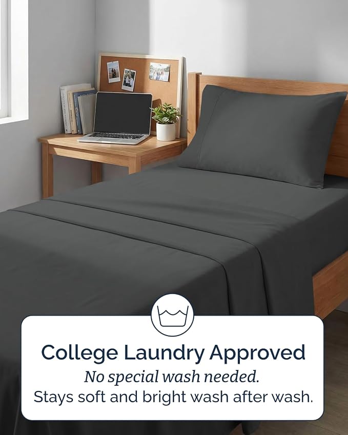 Extra Deep Twin XL Sheet Set - 3 Piece College Dorm Room - Charcoal | Soft, Breathable & Cooling, Easily Fits 18 to 24 inch Mattress, Wrinkle Free & Fade Resistant with Extra Deep Pockets