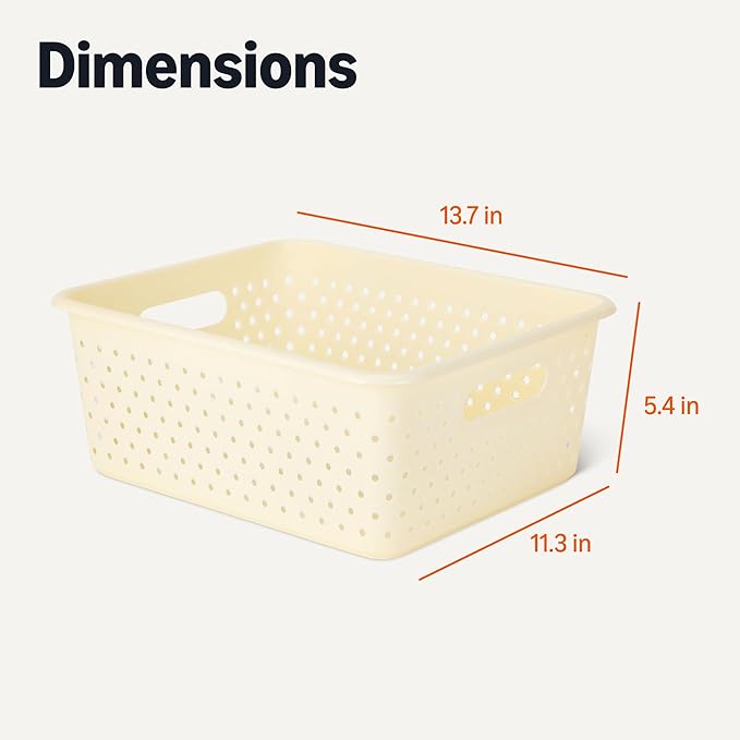 Amazon Basics Decorative BPA-Free Plastic Storage Baskets, 13.66 x 11.34 x 5.39 inches, Ivory, 4-Pack