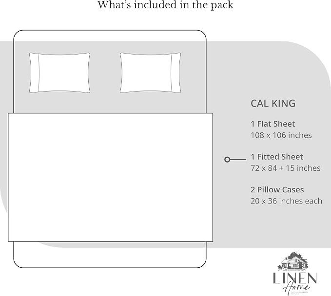 Linen Home 100% Cotton Percale Sheets California King Size, Blue Duck Egg, Deep Pocket, 4 Pieces Set - 1 Flat, 1 Deep Pocket Fitted Sheet and 2 Pillowcases, Crisp Cool and Strong Bed Linen