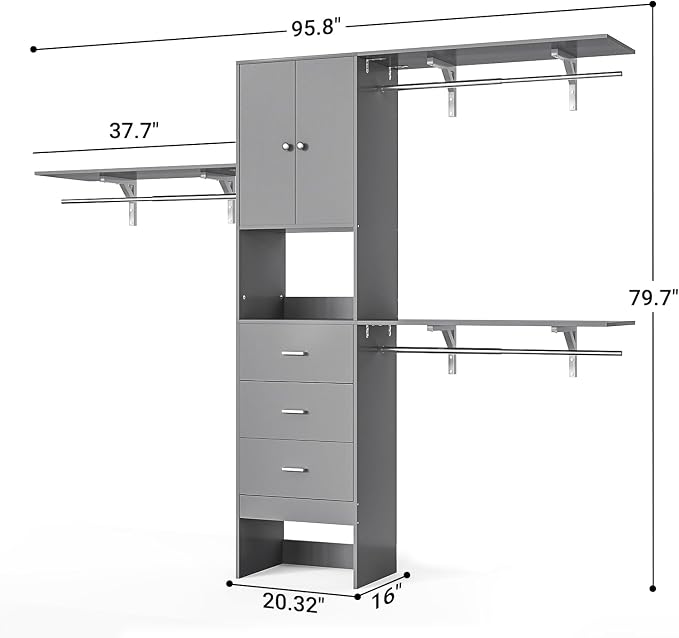 Armocity 96 Inches Closet System with Doors, 8FT Walk In Closet Organizer with 2 Shelving Towers, Heavy Duty Clothes Garment Rack with 3 Wood Drawers, 96"L x 16"W x 80"H, Max Load 1000 LBS, Grey