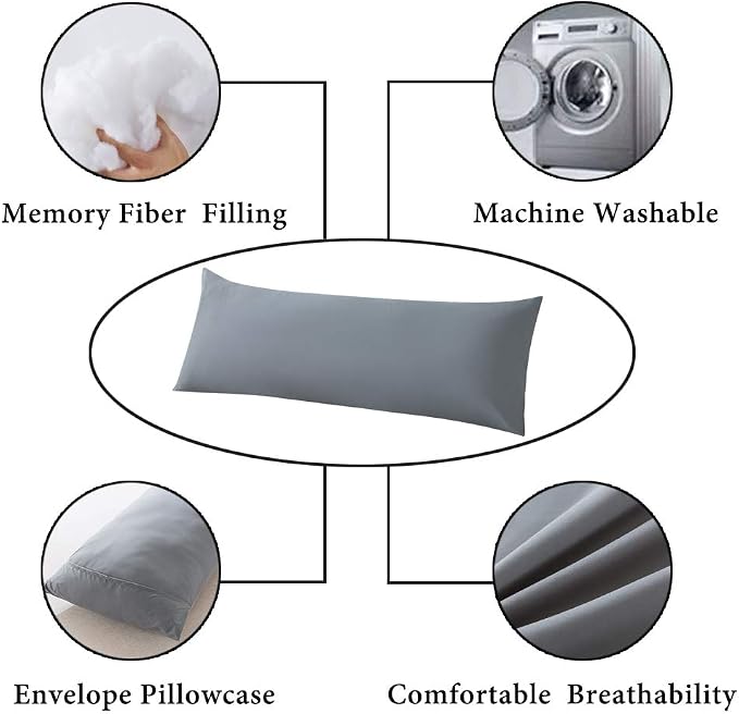 ELNIDO QUEEN Body Pillow with Pillowcase - Soft Long Bed Pillow for Adults - Breathable Full Body Pillow Insert for Sleeping, 20x54inches, Grey