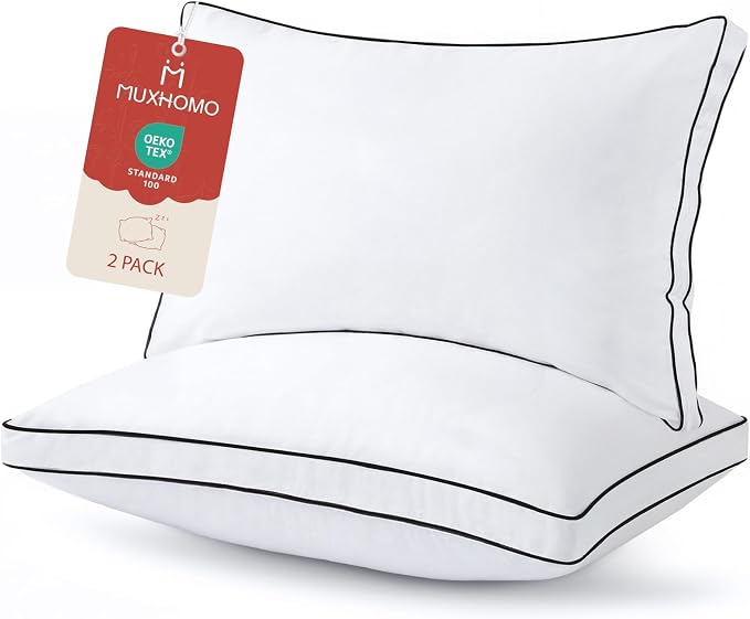 MUXHOMO Bed Pillows Queen Size Set of 2, Gusseted Sleeping Pillows for Side, Back, and Stomach Sleepers, Hotel Quality, Oeko-Tex Certified Fluffy Supportive Down Alternative Filling, White, 2 Pack
